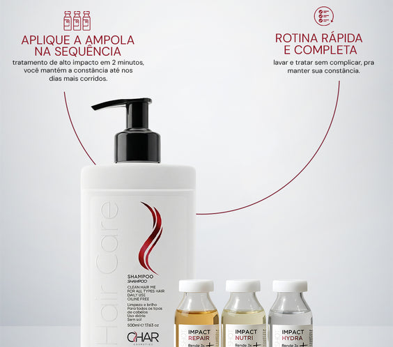 Kit Shampoo 500ml + Trio Char Shot (Hydra, Nutri e Repair)