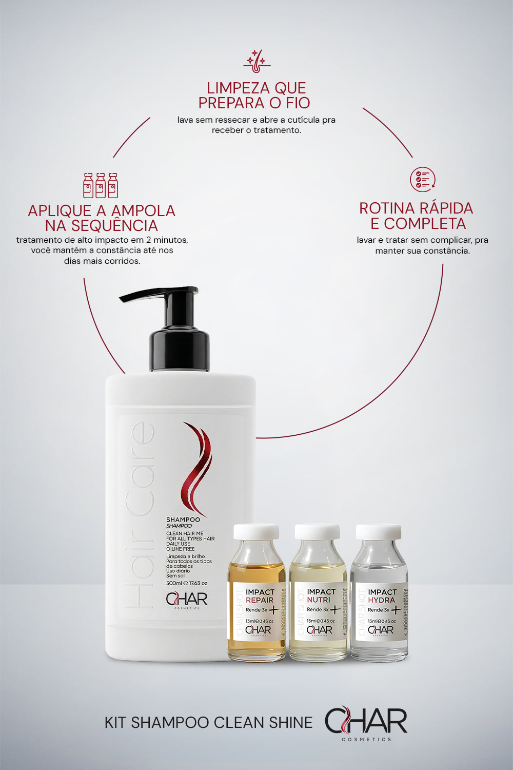 Kit Shampoo 500ml + Trio Char Shot (Hydra, Nutri e Repair)